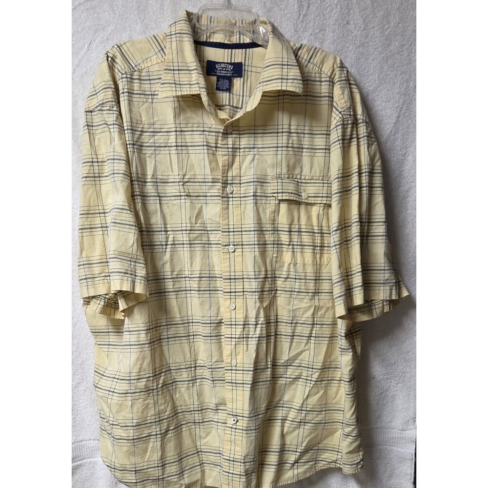 Signature Levi Strauss Mens XXXL Yellow Plaid S/S Button Up Camp Shirt Pocket